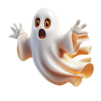 Cute white cartoon ghost with wide eyes and raised hands floating in miir with a surprised expression png