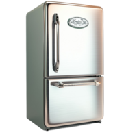 Retro style silver refrigerator with a rounded top and a chrome handle standing tall and png