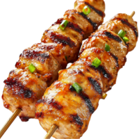 Grilled chicken skewers with a smoky charred exterior and green herbs sprinkled on top png