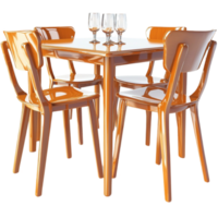 Wooden dining table with four matching chairs set ly with wine glasses and plates png