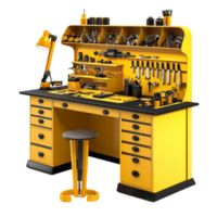 Wellorganized yellow workbench with multiple drawers and tools neatly arranged for efficiency png