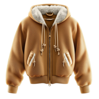 Cozy brown winter jacket with a furlined hood and drawstrings for warmth and comfort png