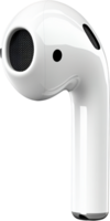 Close-up of a sleek, glossy white wireless earbud with a black sound outlet. The earbud features a modern, ergonomic design. png