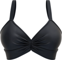 A matte black bikini top with thin straps and ruched detailing provides a sleek and minimalist swimwear option for style and comfort. png