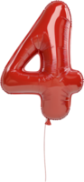 A shiny red balloon shaped like the number four floats against a stark black background, creating a striking visual contrast. png