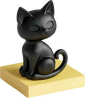 Glossy black cat statue on a yellow stack of paper, simple cartoon style. The cat is sitting with its tail curled up. The scene is minimalistic. png