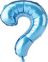 Floating Light Blue Metallic Foil Balloon shaped like a question mark floating in the air against a black background. Isolated png