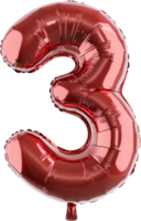 A shiny, inflated red balloon shaped like the number three floats against a dark backdrop, shimmering in the light. Great for parties. png