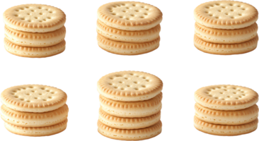 Six stacks of round crackers are arranged on a black background. Perfect for a snack, appetizer, or used with dip and cheese. png