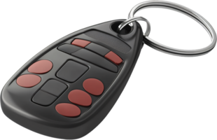 A sleek car remote with multiple buttons and a shiny metal keyring, set against a simple black background. Modern keyless access. png