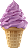 A visually appealing ice cream cone with a swirl of lavender-colored soft serve, radiating a sweet treat sensation on a dark background. png