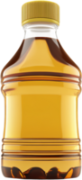 Close-up of golden liquid in clear plastic bottle with yellow cap, showcasing vibrant color and design against a dark background. png