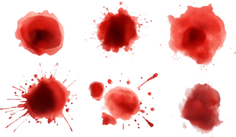 A collection of various splatters and blots in a vivid, red watercolor texture set against a stark, dark backdrop, creating visual interest. png
