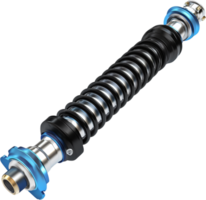 Sleek, Metallic Spring Device, A chrome and black spring is capped with blue elements, set against a stark black background. Tech-inspired design. png