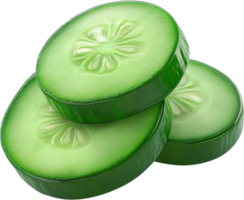 Slices of cucumber stacked on top of each other. A light green color with small seeds in the middle of each slice. Fresh and hydrating. png