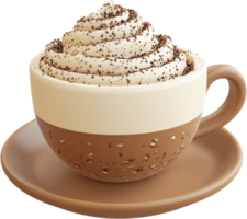 Stylized digital art of coffee cup with whipped cream topping and chocolate sprinkles, presented on a matching saucer. png