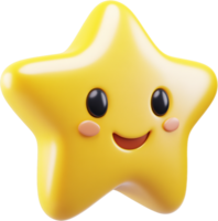 A charming, glossy yellow star with a friendly smile and rosy cheeks floats against a dark backdrop, radiating joy and cheerfulness. png