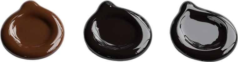 Three glossy blobs of color, ranging from rich brown to deep black, each shaped like a teardrop, reflecting light on a dark background. png