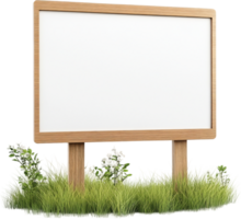 Outdoor notice board featuring a wooden frame, blank white surface, and lush green grass surrounding its base. Ideal for announcements. png