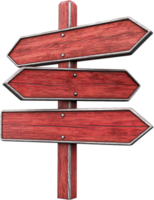 A rustic, weathered, red wooden signpost with three directional arrows pointing to different paths on a black background. png