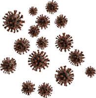 A microscopic view of multiple virus cells, each sphere covered in spike proteins, floating against a black background to show viral presence. png