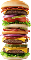 Stacked high with layers of flavor, a delicious burger features juicy patties, crisp vegetables, cheese, and savory bacon. png