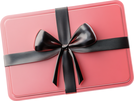 Elegant gift card in a pink box with a sleek black ribbon and bow, perfect for any occasion. Sleek design and charming color palette. png