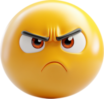 A 3D rendering of a yellow emoticon with an angry expression. The face features furrowed brows and a frowning mouth, conveying displeasure. png