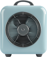 Light blue retro-style box fan with a silver grill and four small feet and a grey handle on the top for ease of mobility. png