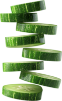 Floating cucumber slices arranged vertically on a black background. A stack of green, round, fresh, and tasty slices of vegetable. png