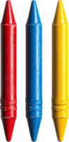 A vibrant trio of crayons, presented in primary colors, offering a nostalgic nod to childhood art and creative expression. png