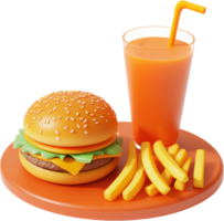 3D rendering of a complete meal, a burger, fries and a glass of refreshing orange juice. The food is on an orange plate. png
