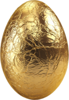 A shiny golden, egg-shaped object reflects light with textured, crinkled foil. Isolated on a black background, it exudes luxury. png