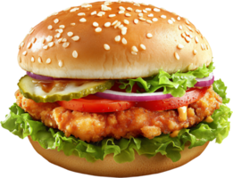Delicious chicken sandwich with fresh toppings and a sesame seed bun, a perfect quick and satisfying meal. The layers create a mouthwatering bite png