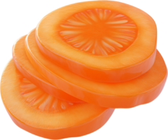Stack of three bright orange carrot slices, showing their circular shape and detailed internal structure on a plain black background. png