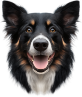Portrait of an alert and happy Border Collie with its mouth open. The image shows the dog's facial features and bright expression. png