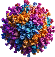 Microscopic view of a colorful complex molecular structure featuring intricate arrangements of proteins, atoms, or chemical molecules. png