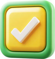 A 3D render of a green bordered yellow square with a white check mark. It could represent completion, approval, or acceptance. png