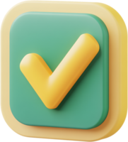 A 3D rendering of a yellow checkmark inside a square, layered with colors. Represents completion, confirmation, or a positive response. png