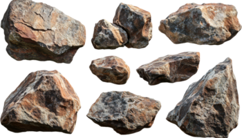 A collection of natural boulders featuring a variety of shapes, sizes, and earthy tones. They create a rough, textured appearance. png