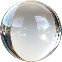 A crystal ball showing a distorted reflection of buildings and a sunlit sky, creating a surreal and mesmerizing optical effect. png