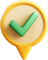 3D map pin icon with green check mark center on light brown base, surrounded by yellow border, isolated on black background, symbolizing approval png