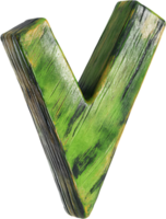 Wooden letter V, vibrant green with textured surface, casting a soft shadow against a black backdrop, perfect for design projects. png