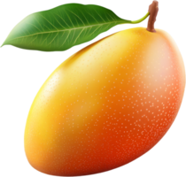 A vibrant, ripe mango with a smooth gradient from yellow to orange, complemented by a green leaf, against a stark black background. png