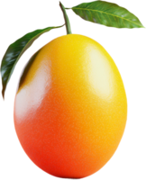 Vibrant fruit featuring a smooth, gradient skin, transitioning from red to yellow, complemented by green leaves and a stem against black backdrop. png