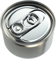 Shiny, unopened beverage can reflecting light with a pull tab, viewed from above in a studio setting. The can is silver and metallic. png