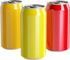 Vibrantly colored beverage cans in yellow and red, perfect for refreshment on a hot day, pop-top lids, and sleek aluminum design. png