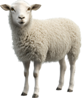 Fluffy white sheep standing isolated against black background with inquisitive expression looking directly into the camera with amber eyes. png