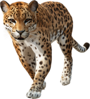 A majestic jaguar with rosette-patterned coat, captured mid-stride, showcasing power and grace. A glimpse into the wild cat's captivating beauty. png
