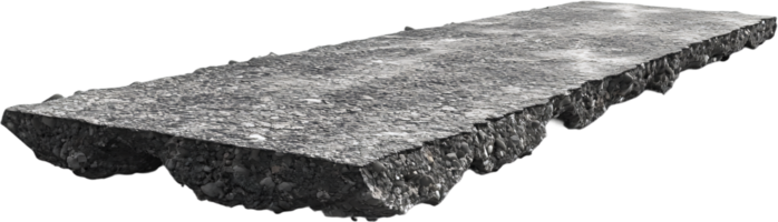 A slab of cut asphalt is displayed against a black backdrop, showing rough edges and a textured surface, emphasizing construction materials. png